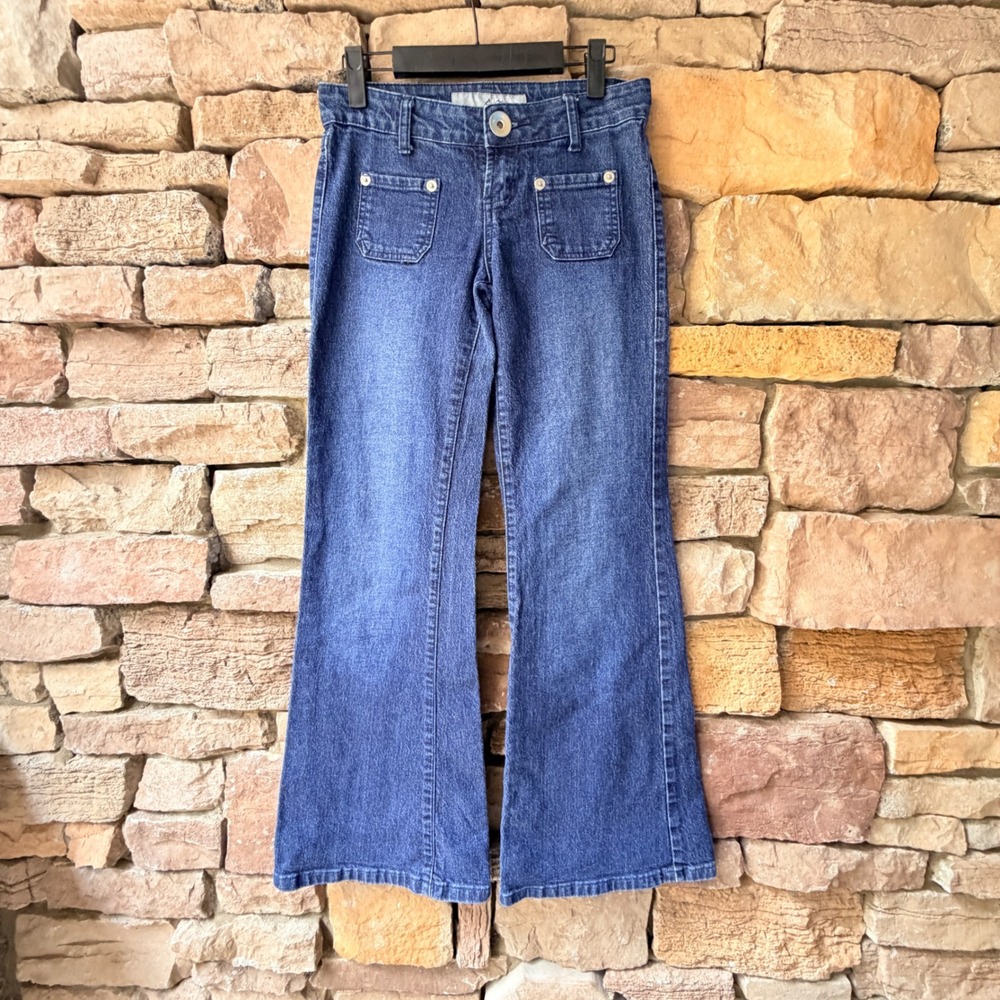 VTG Y2K Delias Womens 1 LOW RISE Flare Jeans Blue Patch Pocket Festival Boho